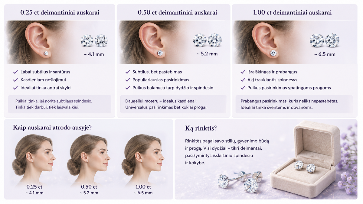 Kokio dydžio deimantiniai auskarai atrodo geriausiai?