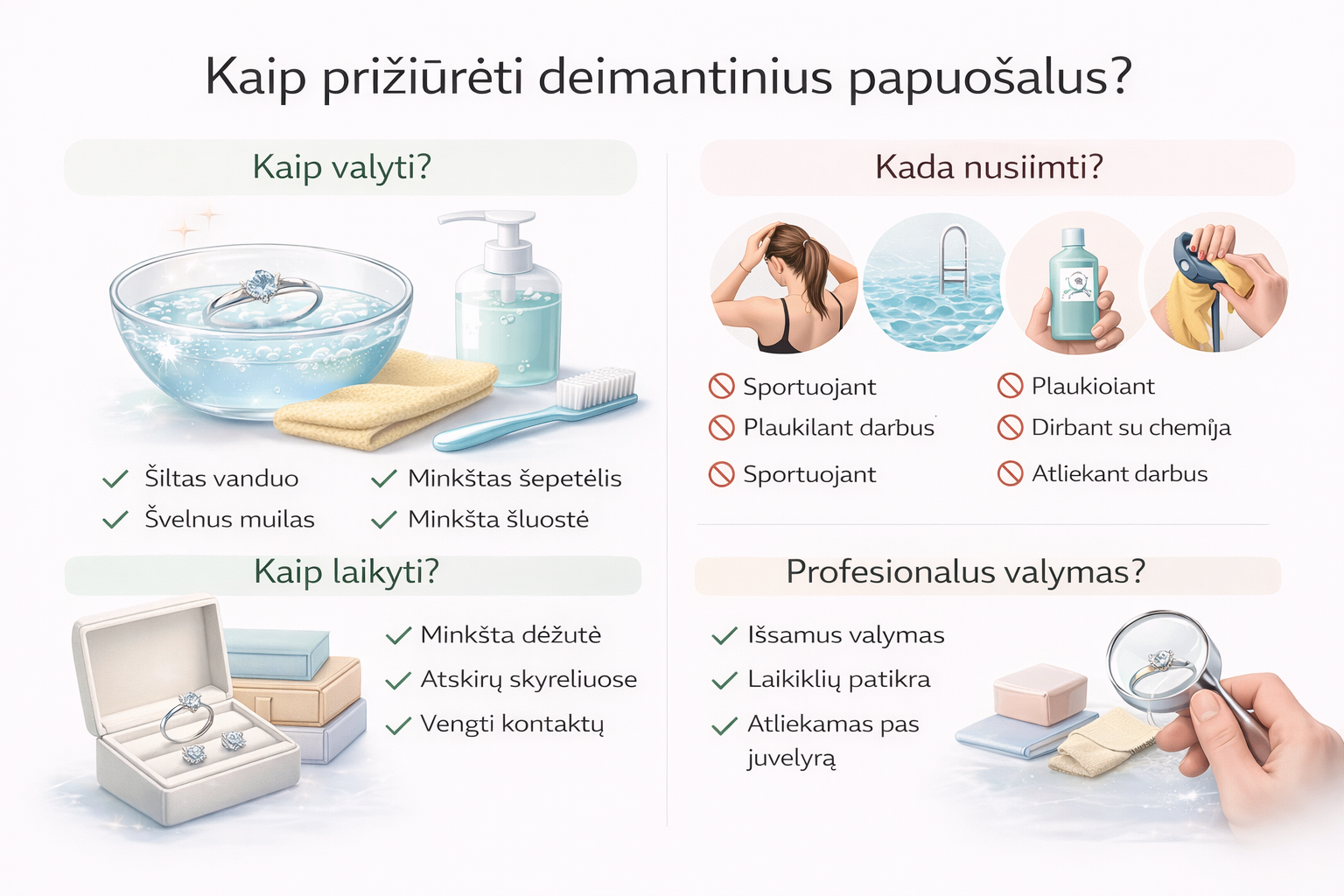 Kaip prižiūrėti deimantinius papuošalus?