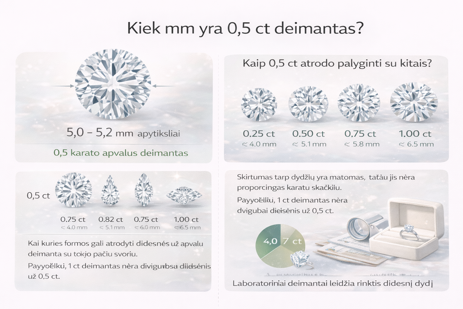 Kiek mm yra 0,5 ct deimantas?