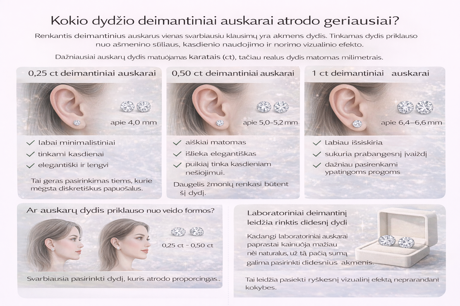 Kokio dydžio deimantiniai auskarai atrodo geriausiai?