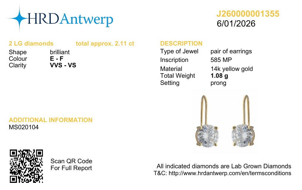 Elegantiški Auskarai Raudono Aukso 2.11 ct | Auginti Deimantai