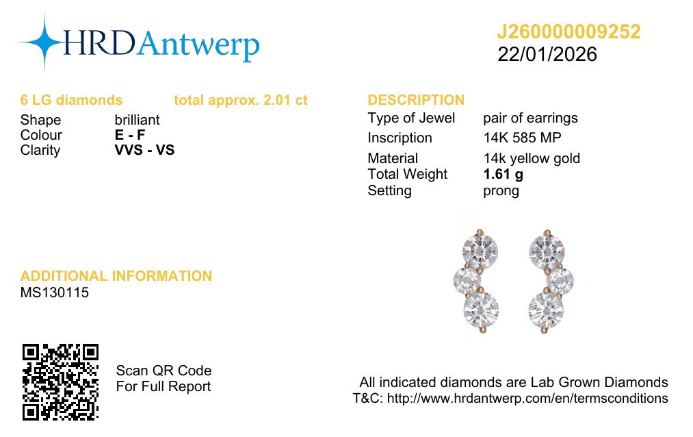 Klasikiniai Auksiniai Auskarai 2.01 ct | Laboratorinis Deimantas